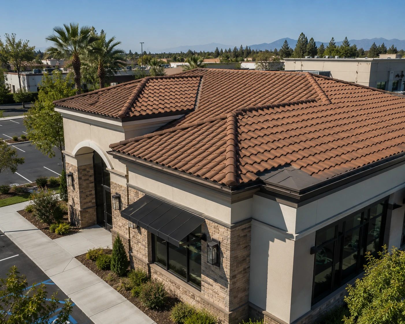 Restored commercial tile roof after cleaning