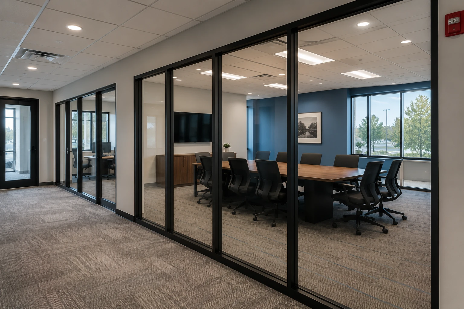 Office building windows after professional commercial cleaning