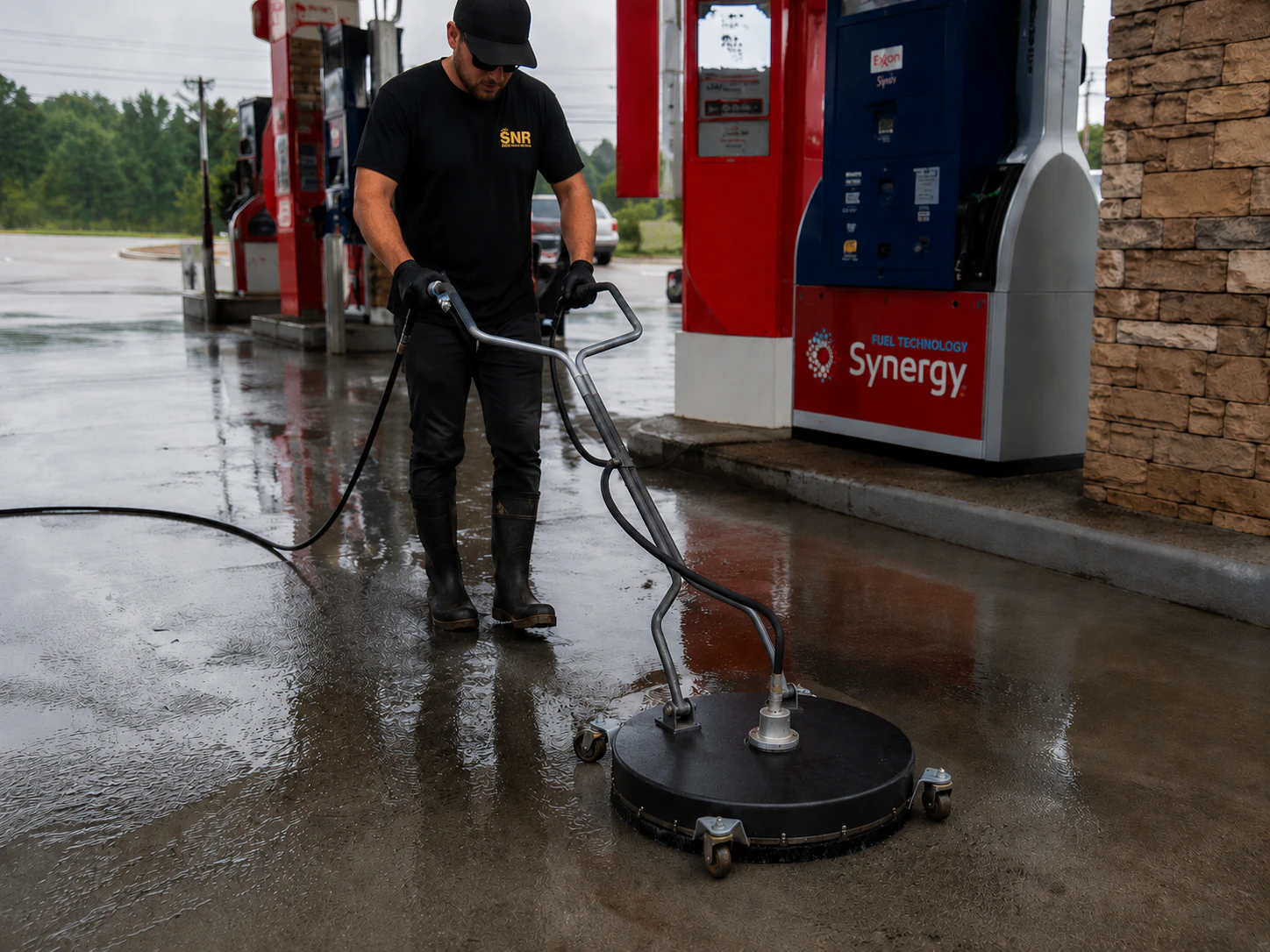 Gas station fueling area after SNR commercial pressure washing, with oil and grease removed
