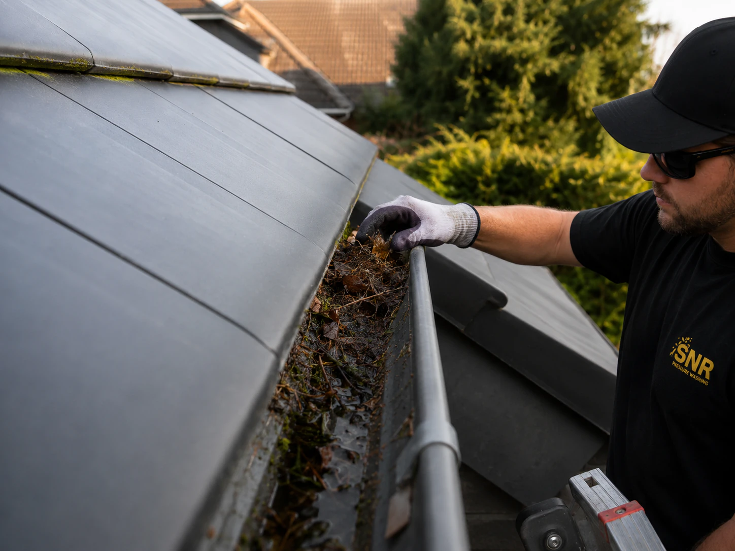 Home gutters after SNR gutter cleaning, fully cleared of leaves, dirt, and debris