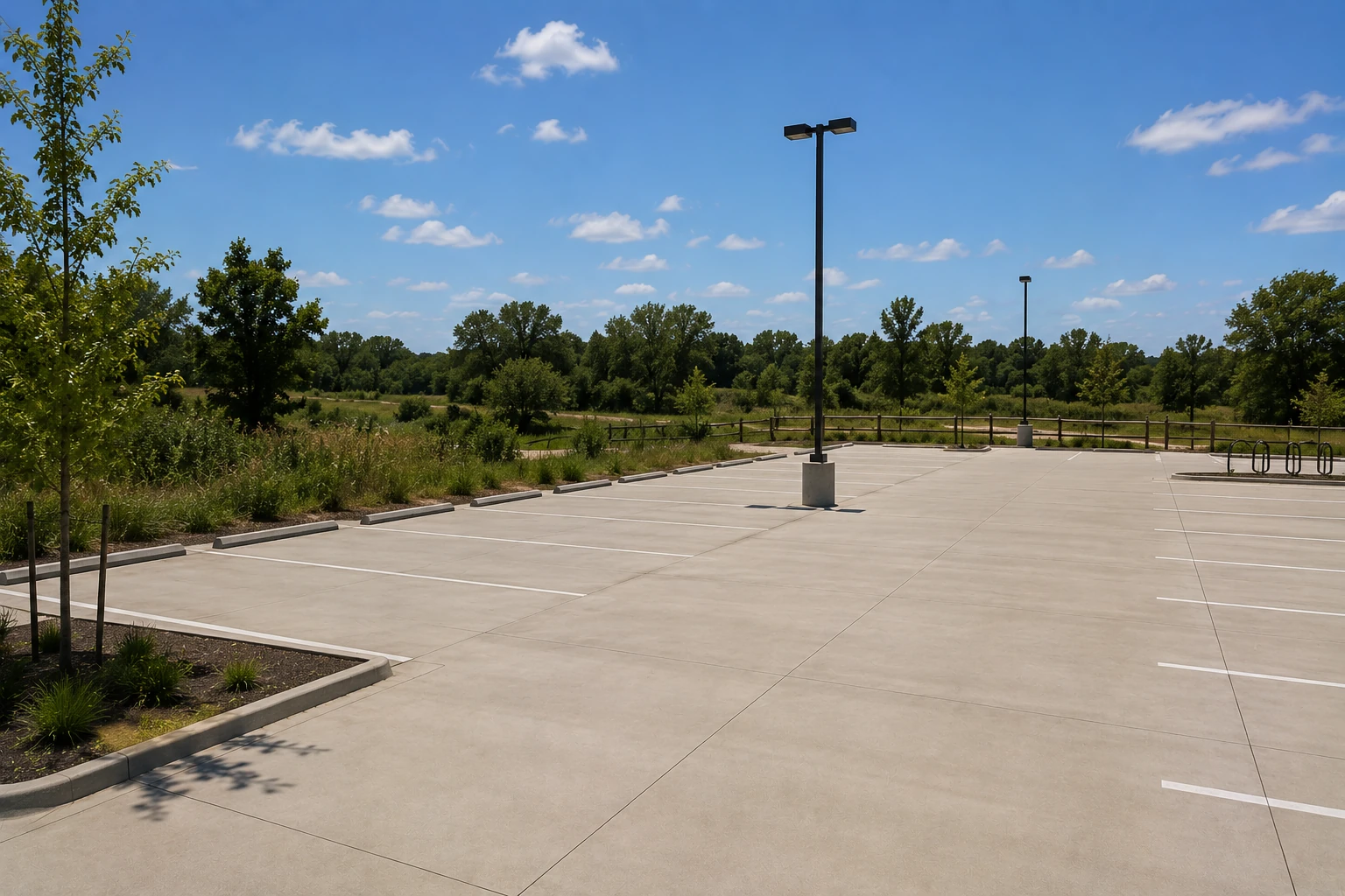 Restored retail plaza parking lot after professional cleaning