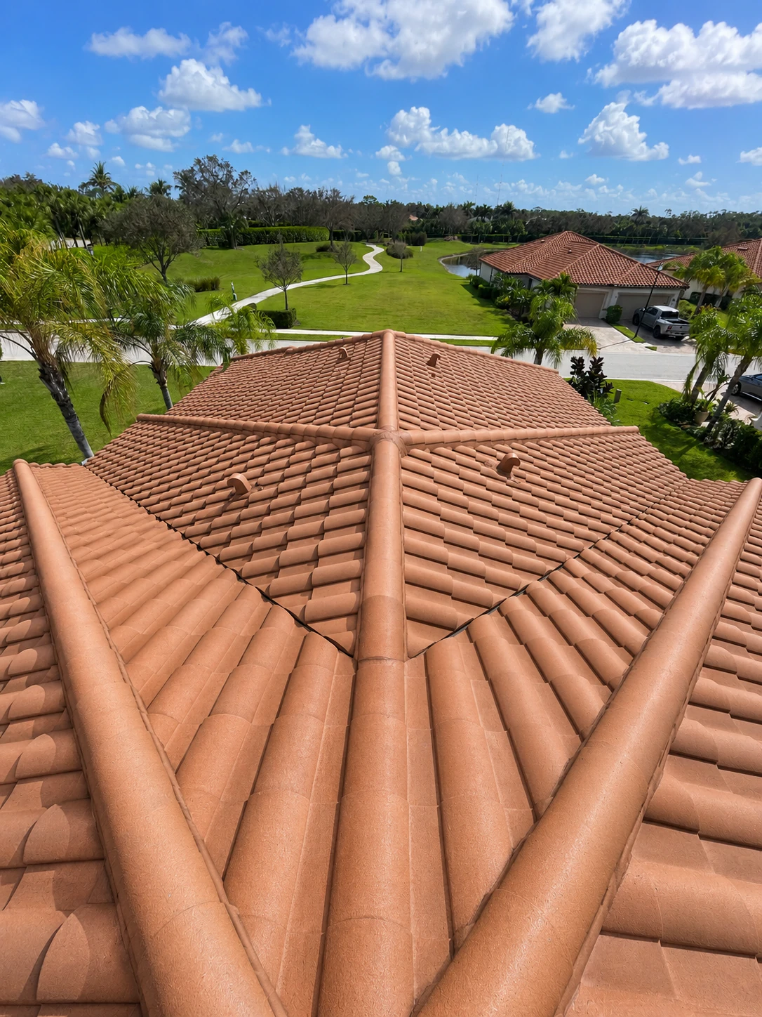 Roof after professional soft washing, restored to a clean, uniform finish